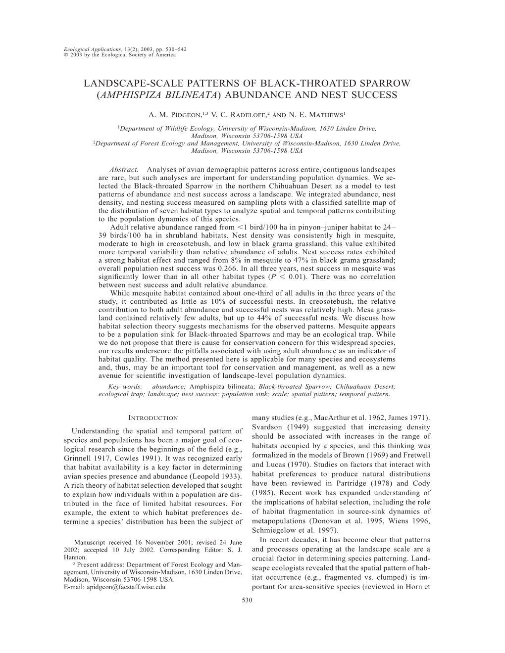 Landscape-Scale Patterns of Black-Throated Sparrow (Amphispiza Bilineata) Abundance and Nest Success