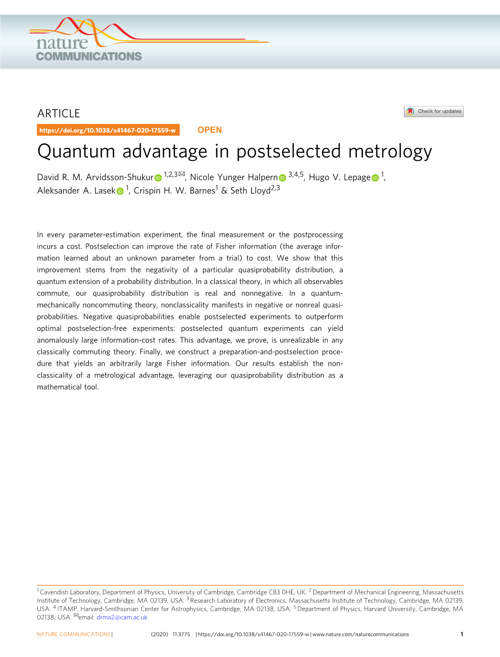 Quantum Advantage in Postselected Metrology ✉ David R