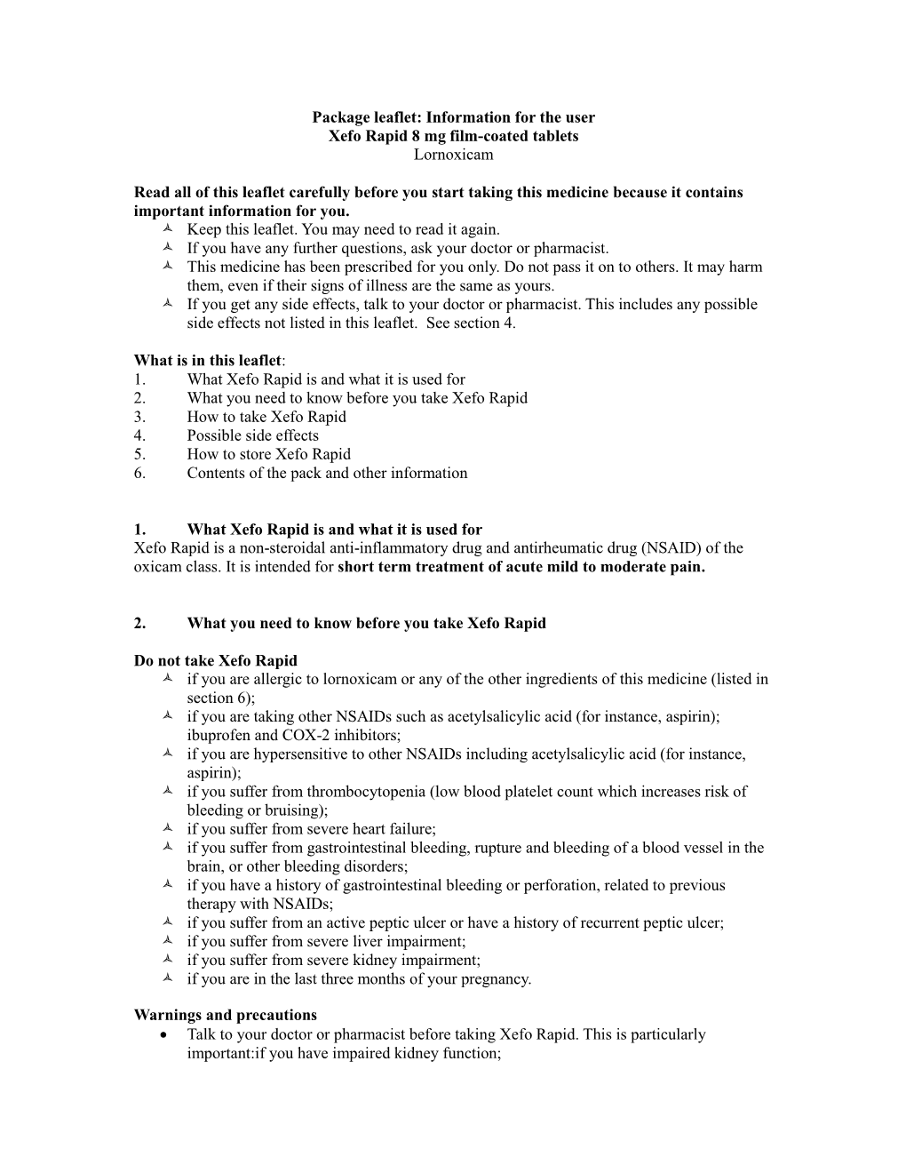 Package Leaflet: Information for the User Xefo Rapid 8 Mg Film-Coated Tablets Lornoxicam