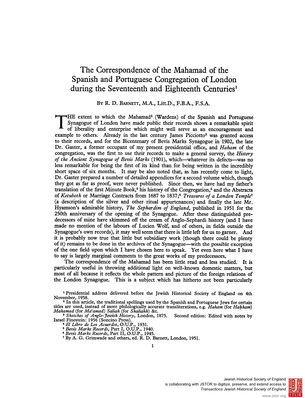 The Correspondence of the Mahamad of the Spanish and Portuguese