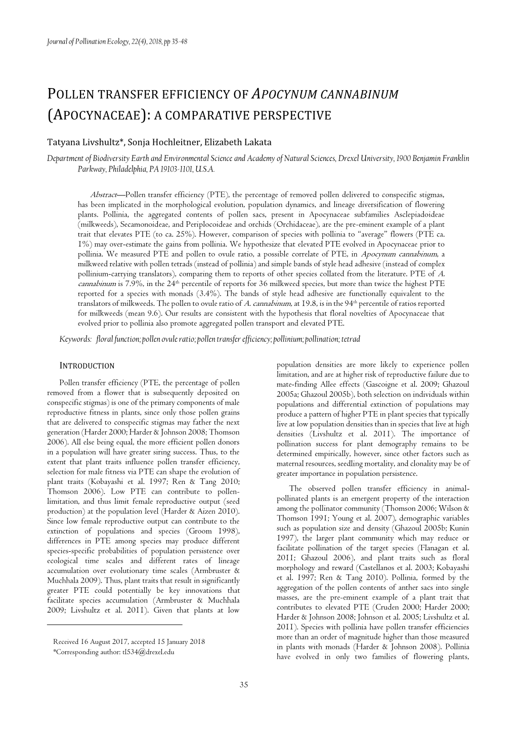 Pollen Transfer Efficiency of Apocynum Cannabinum (Apocynaceae): a Comparative Perspective