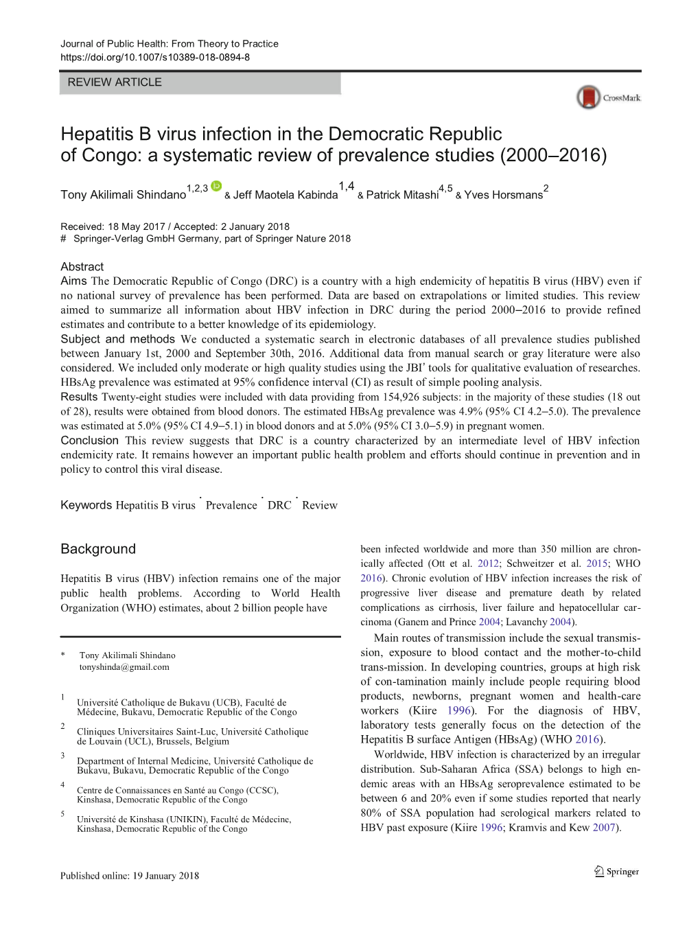 Hepatitis B Virus Infection in the Democratic Republic of Congo: a Systematic Review of Prevalence Studies (2000–2016)