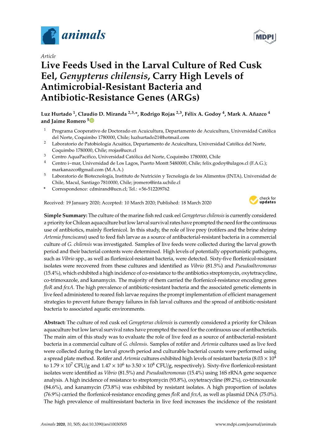 Live Feeds Used in the Larval Culture of Red Cusk Eel, Genypterus