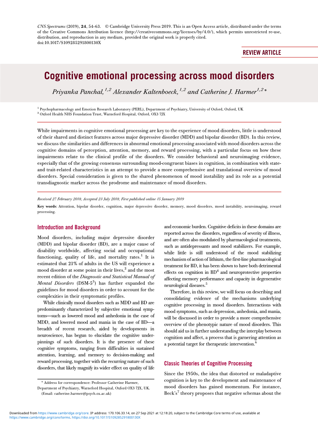 Cognitive Emotional Processing Across Mood Disorders