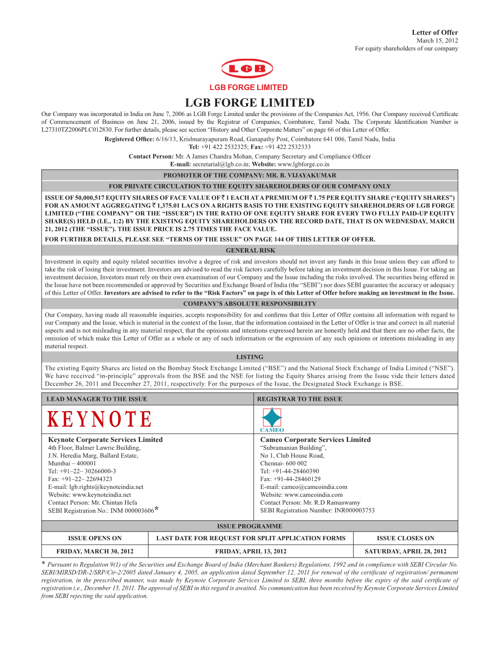 Letter of Offer March 15, 2012 for Equity Shareholders of Our Company