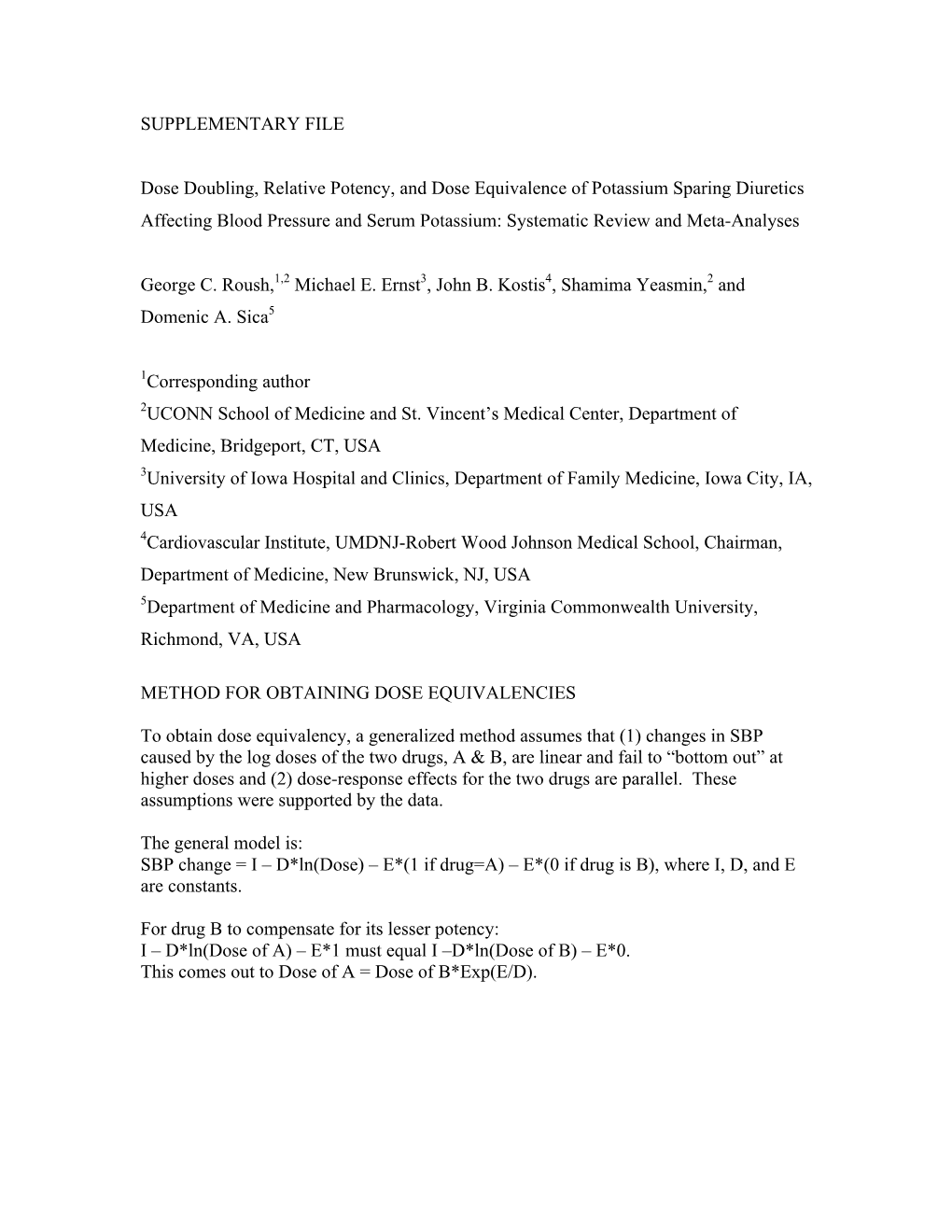 SUPPLEMENTARY FILE Dose Doubling, Relative Potency, and Dose Equivalence of Potassium Sparing Diuretics Affecting Blood Pressure