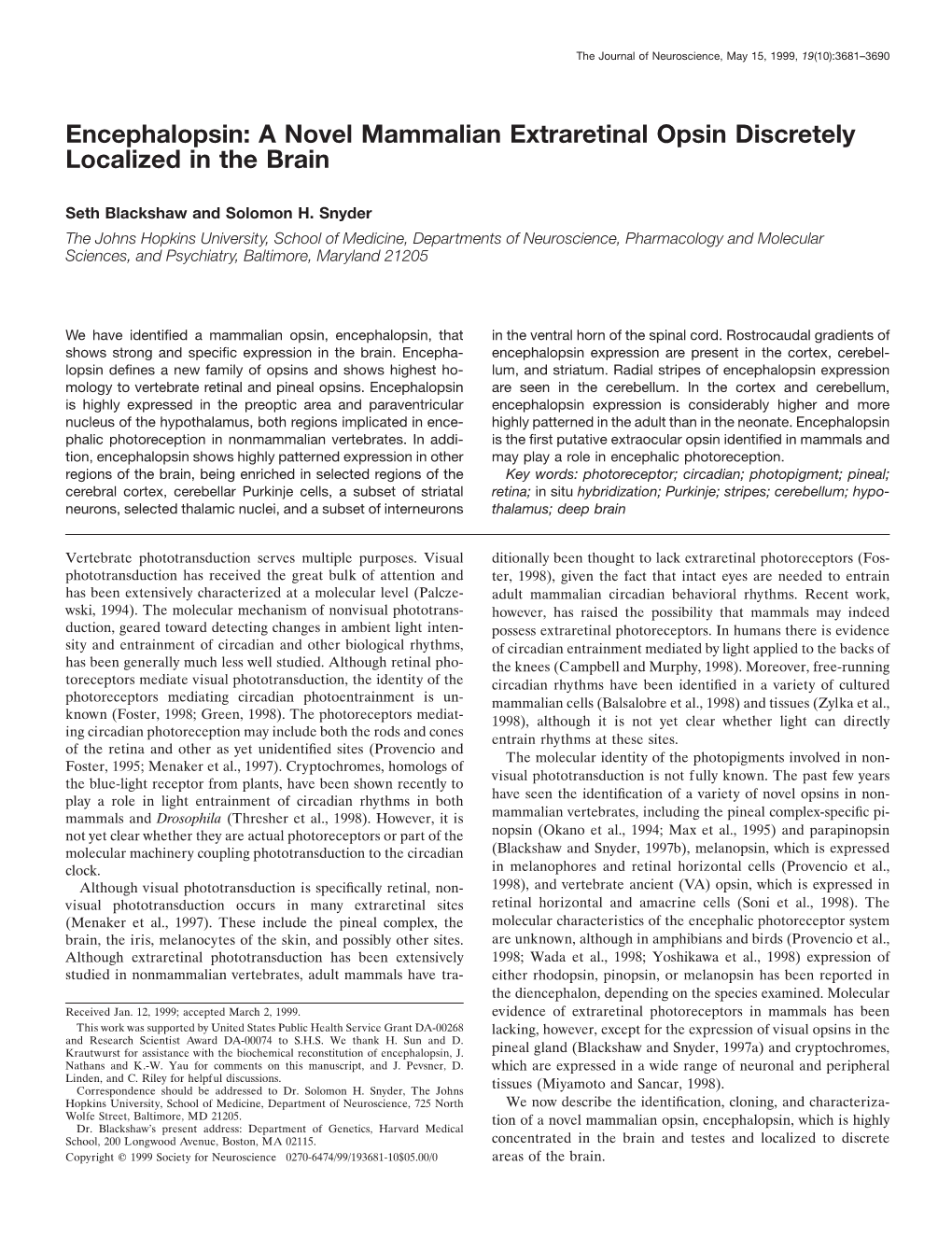 Encephalopsin: a Novel Mammalian Extraretinal Opsin Discretely Localized in the Brain