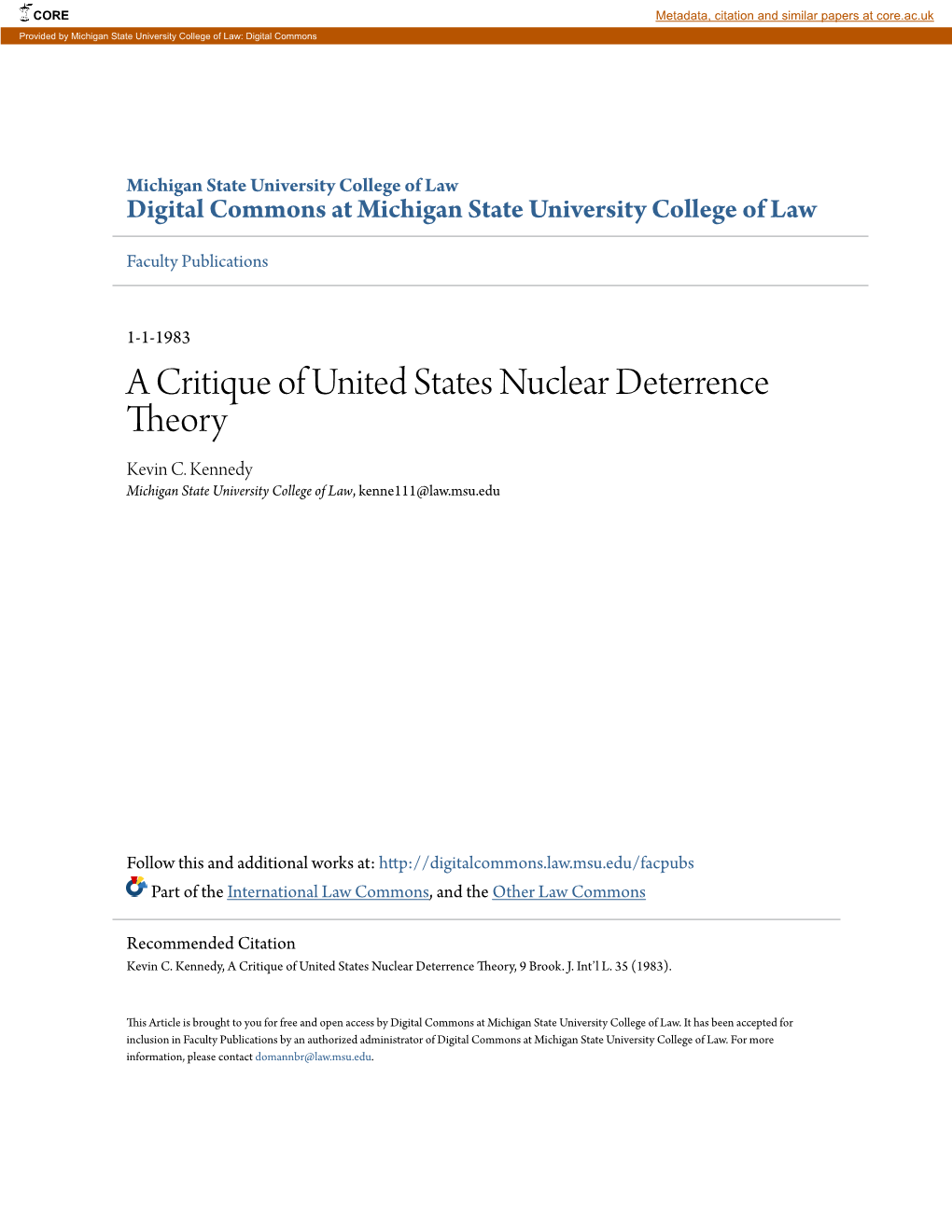 A Critique of United States Nuclear Deterrence Theory Kevin C