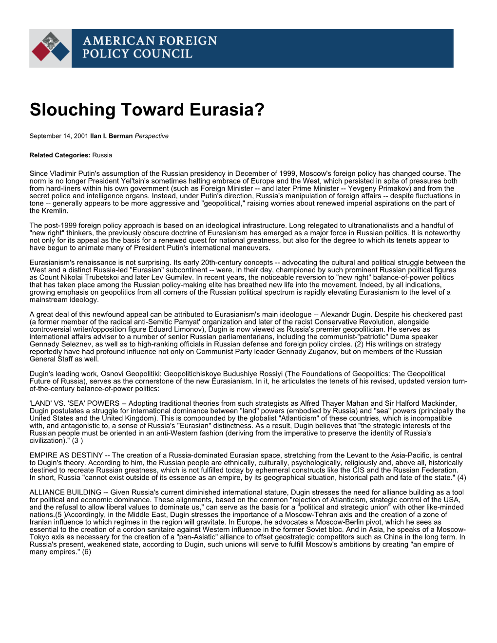 Slouching Toward Eurasia? | American Foreign Policy Council
