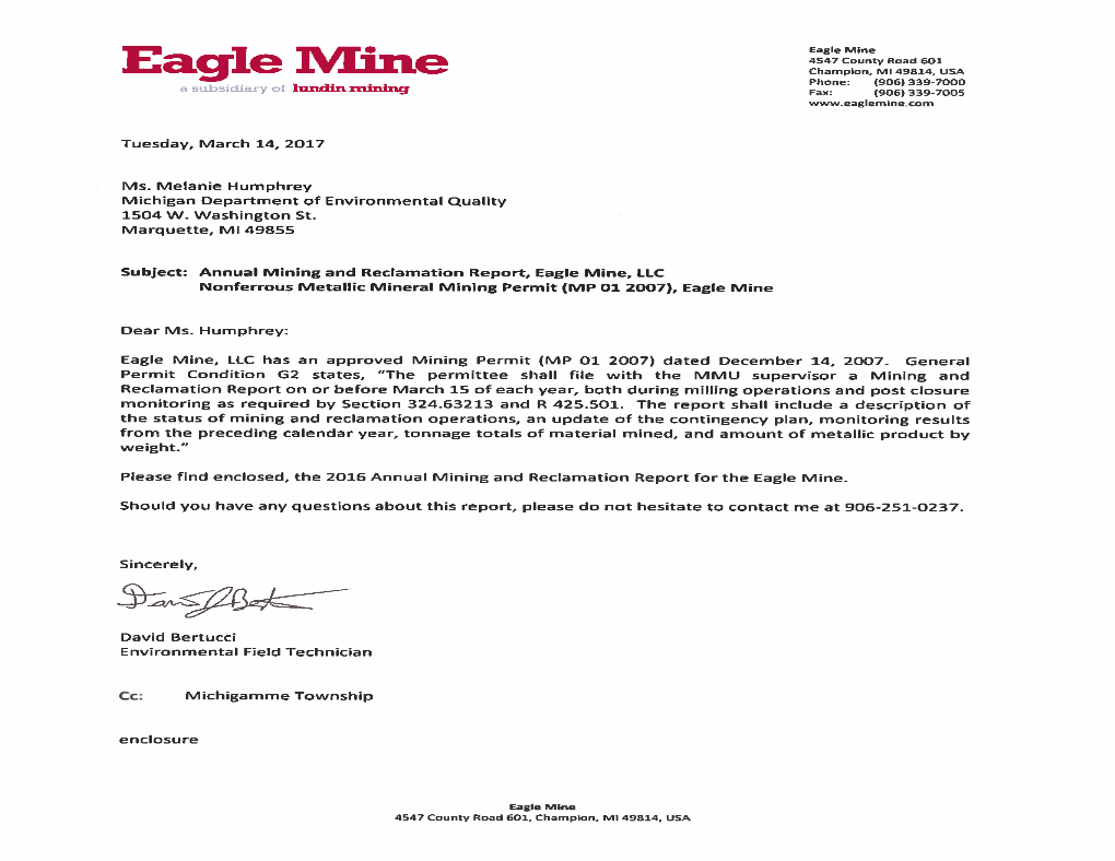 Eagle Mine 2016 Annual Report