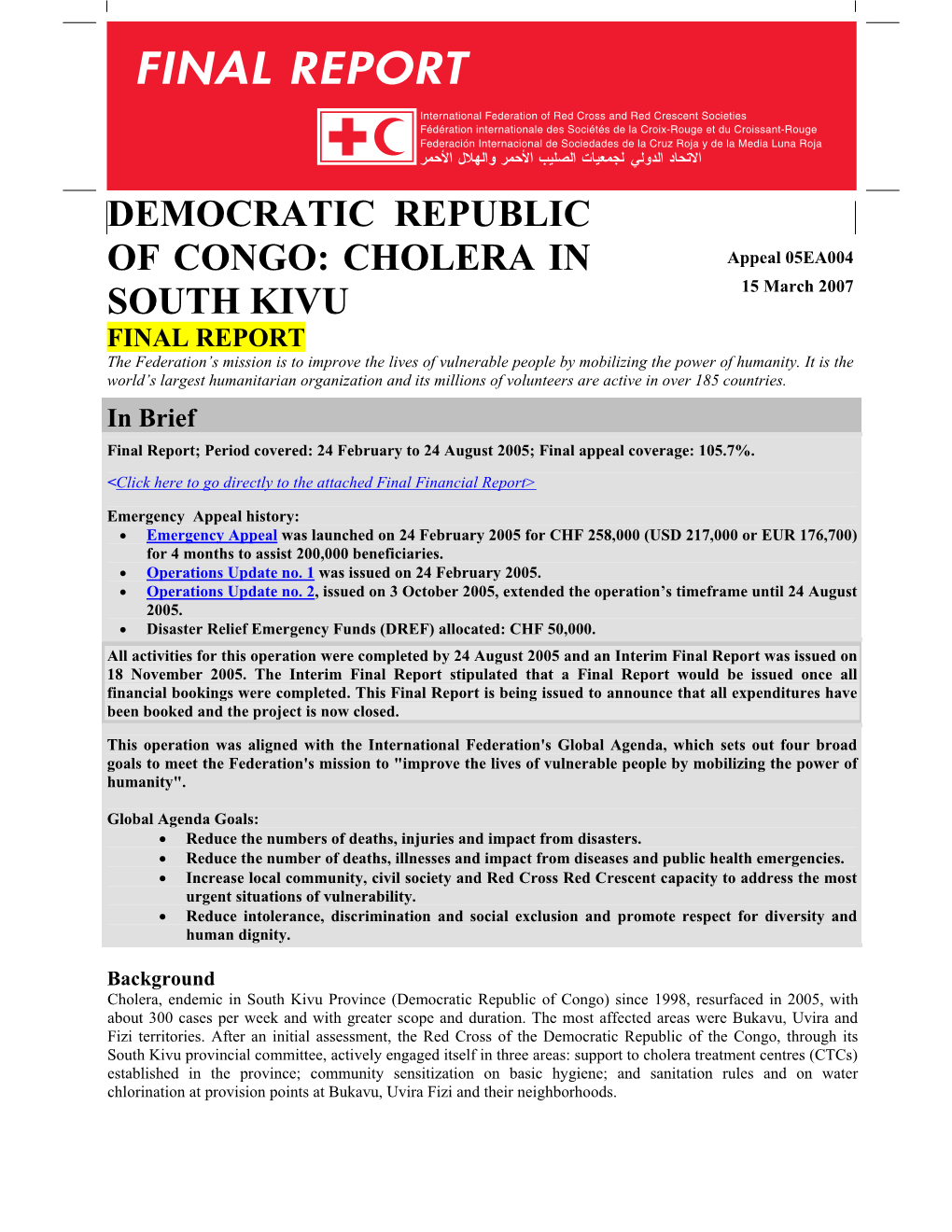 Democratic Republic of Congo: Cholera in South Kivu; Emergency Appeal No