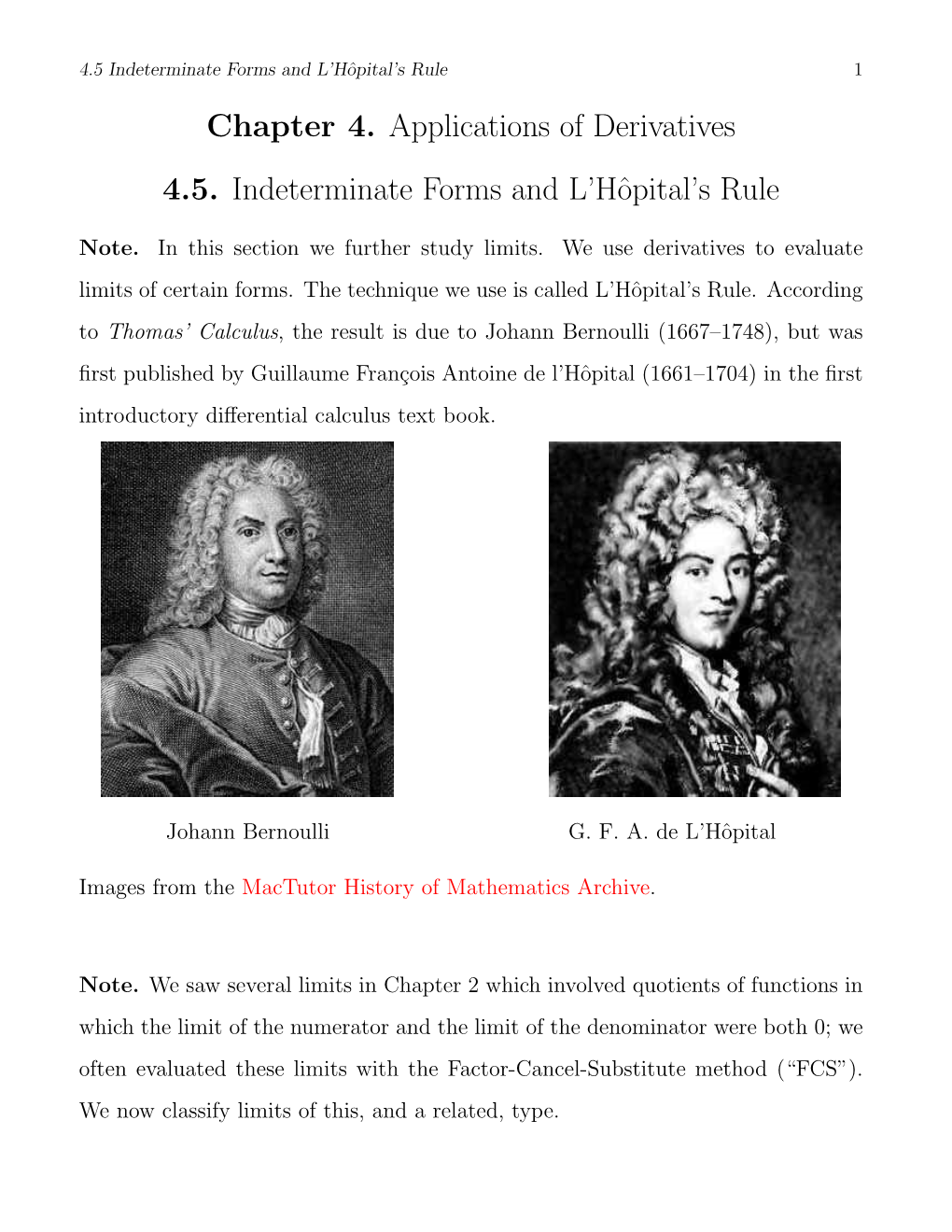 Chapter 4. Applications of Derivatives 4.5. Indeterminate Forms and L’Hˆopital’S Rule