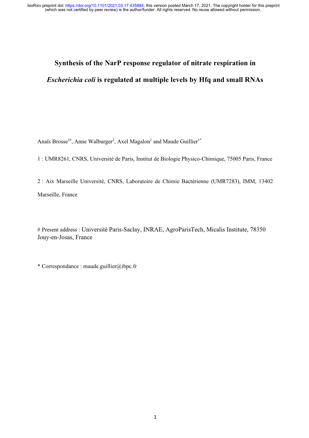 Synthesis of the Narp Response Regulator of Nitrate Respiration In