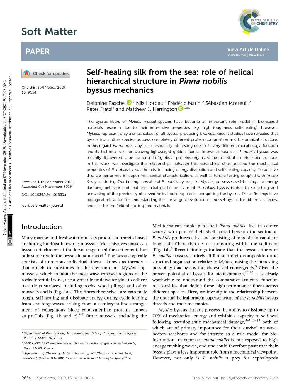 Role of Helical Hierarchical Structure in Pinna Nobilis Cite This: Soft Matter, 2019, 15,9654 Byssus Mechanics