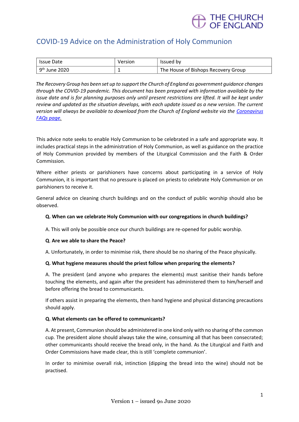 COVID-19 Advice on the Administration of Holy Communion