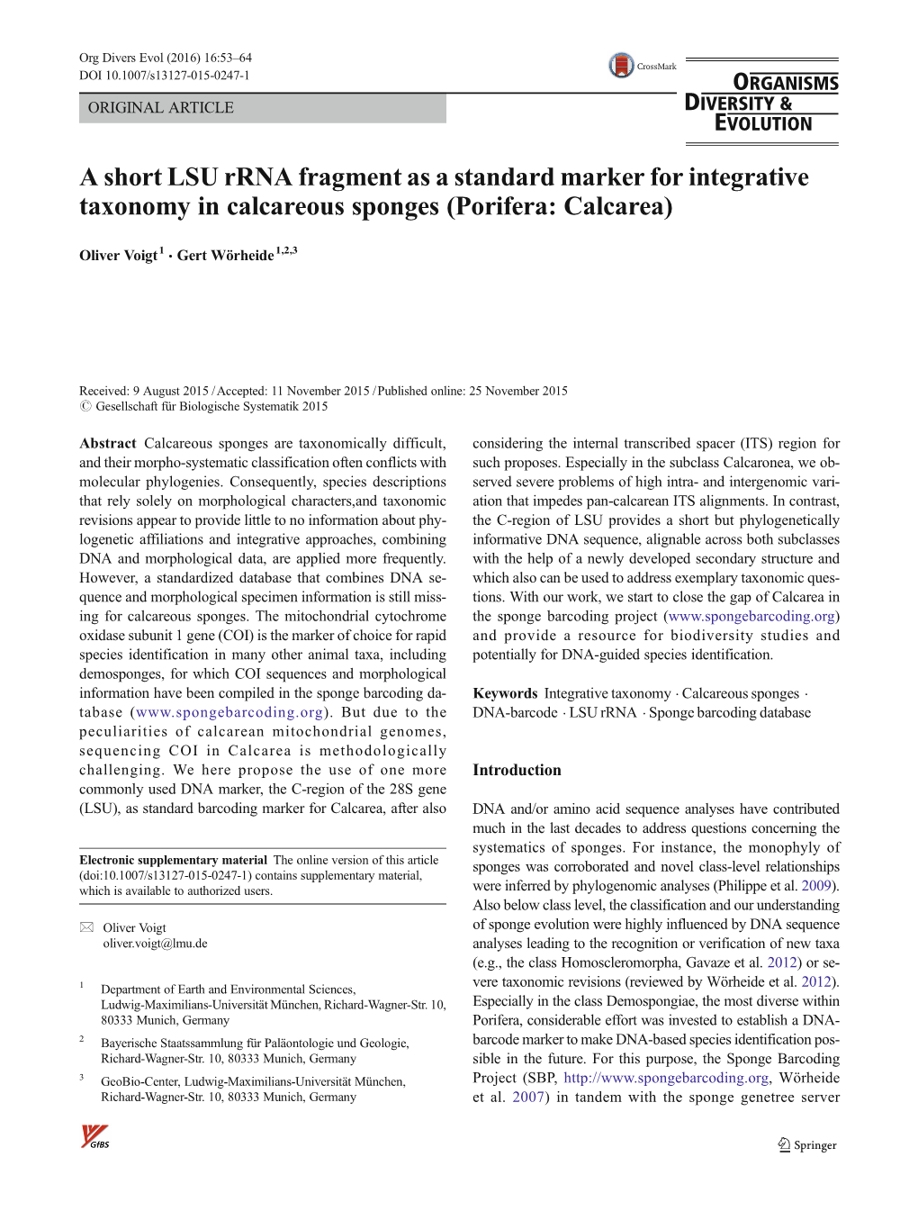 A Short LSU Rrna Fragment As a Standard Marker for Integrative Taxonomy in Calcareous Sponges (Porifera: Calcarea)