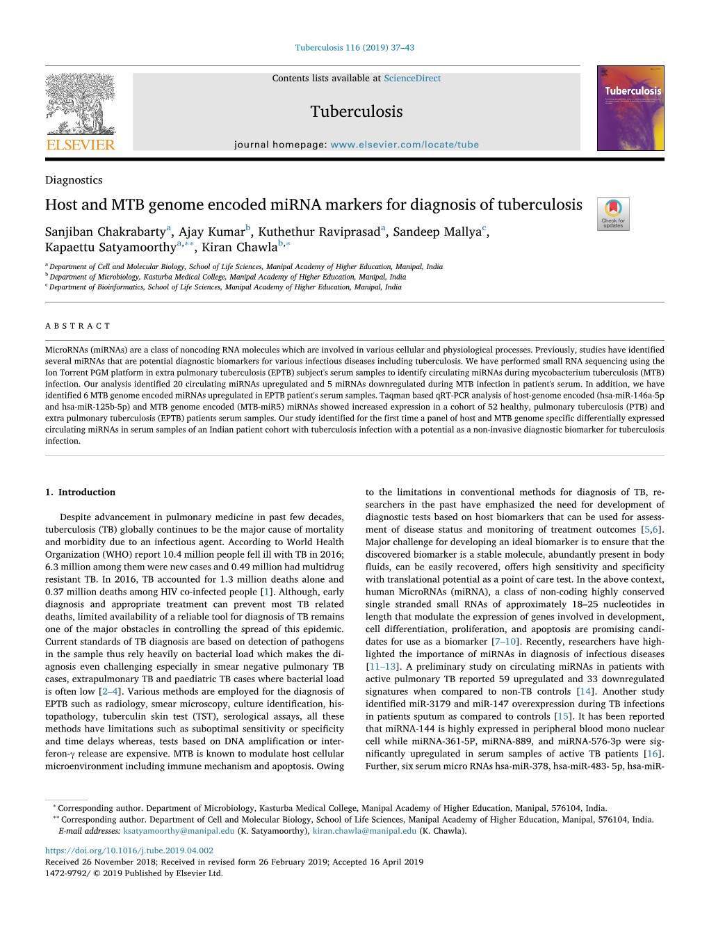 Host and MTB Genome Encoded Mirna Markers for Diagnosis Of