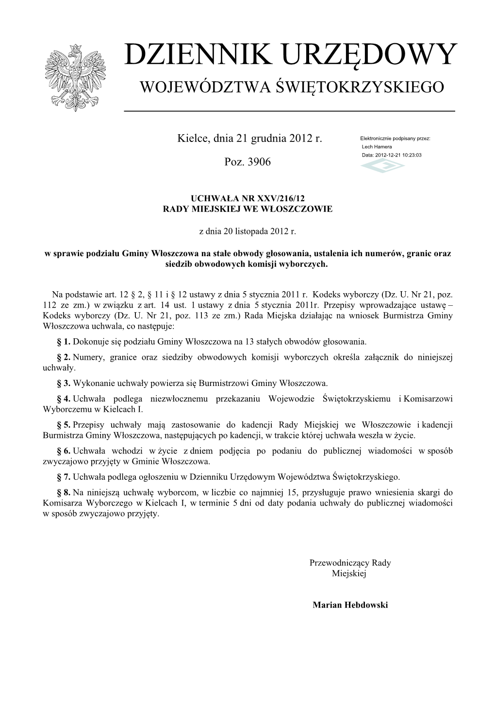 Uchwała Nr XXV/216/12 Z Dnia 20 Listopada 2012 R