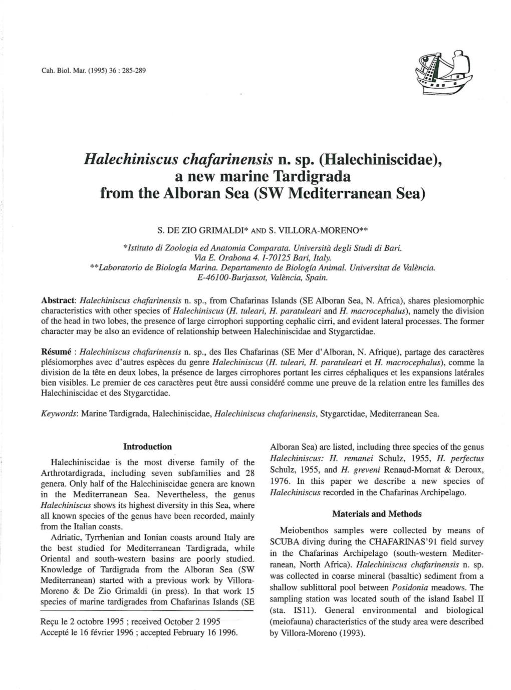 Halechiniscus Chafarinensis N. Spa (Halechiniscidae), a New Marine Tardigrada from the Alboran Sea (SW Mediterranean Sea)