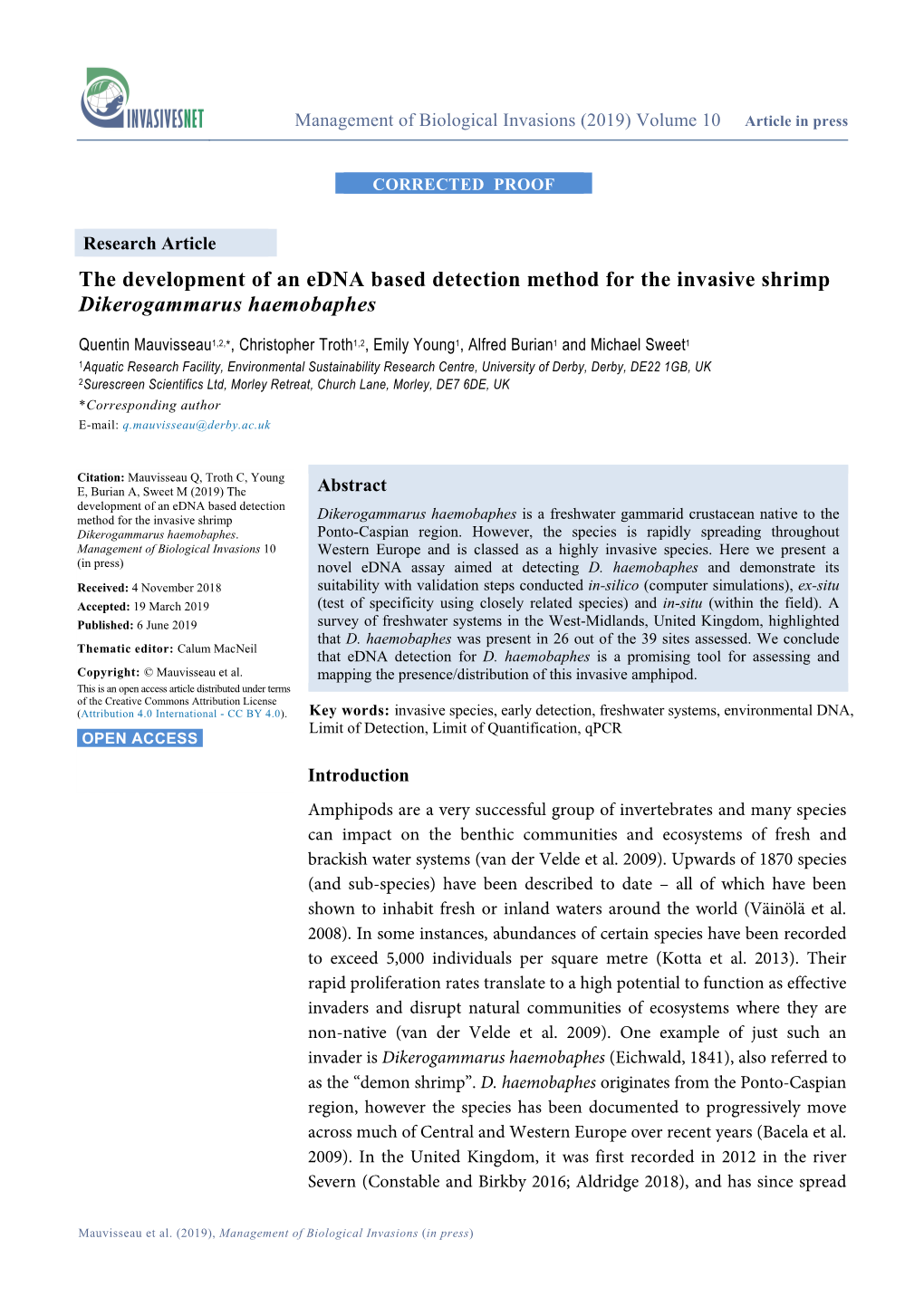 The Development of an Edna Based Detection Method for the Invasive Shrimp Dikerogammarus Haemobaphes