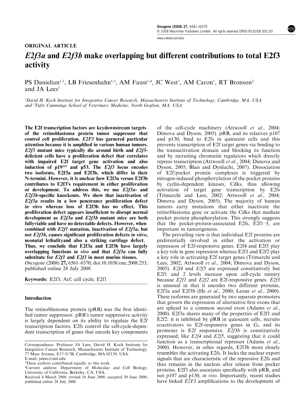 E2f3a and E2f3b Make Overlapping but Different Contributions to Total E2f3 Activity