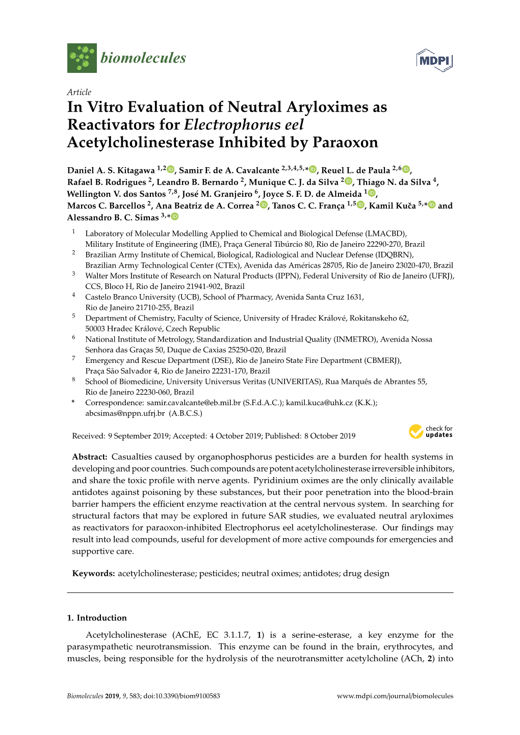 In Vitro Evaluation of Neutral Aryloximes As Reactivators for Electrophorus Eel Acetylcholinesterase Inhibited by Paraoxon