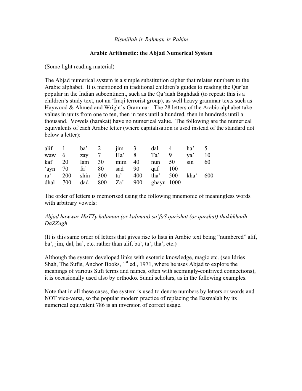 The Abjad Numerical System