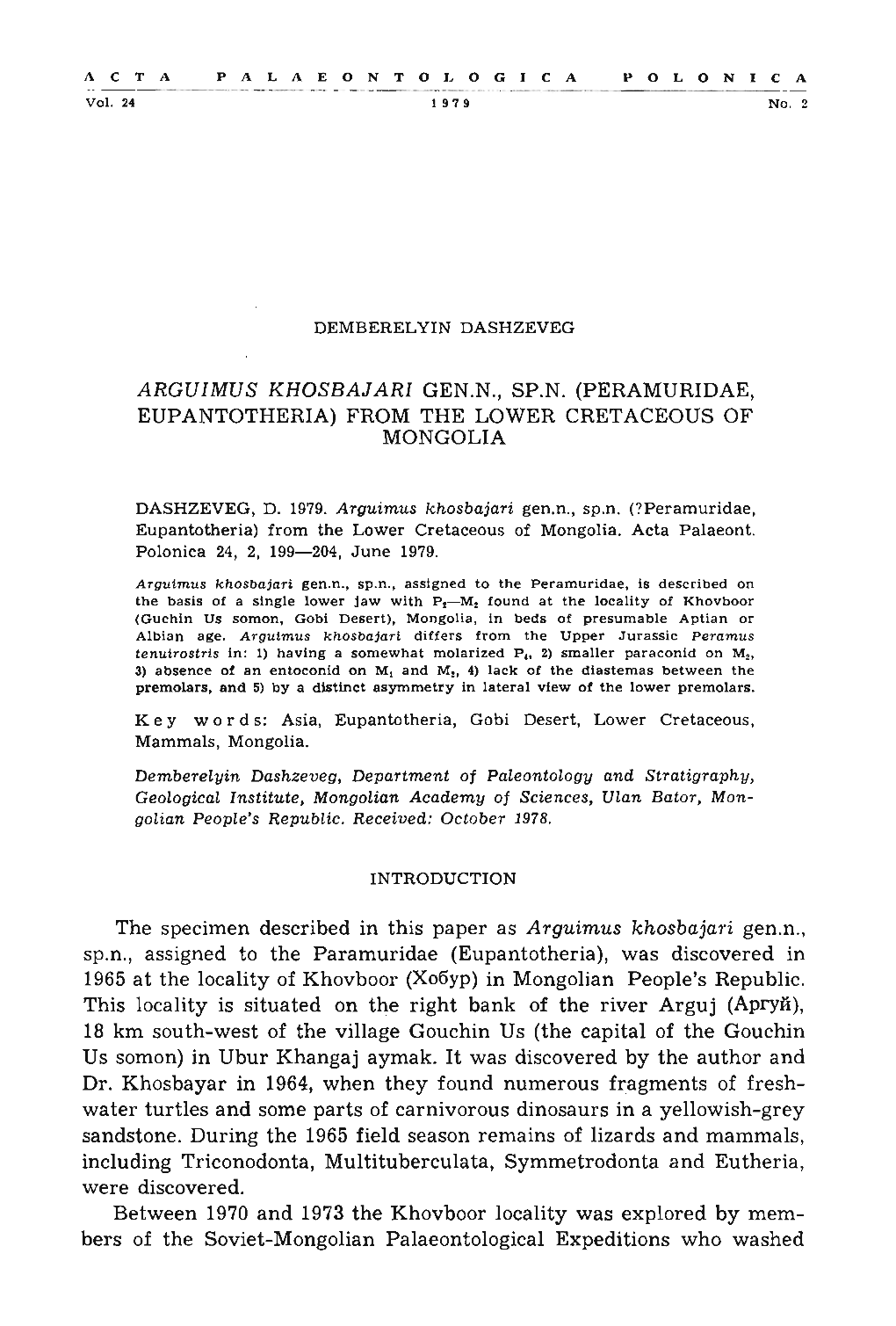 ARGUIMUS KHOSBAJARI GEN.N., SP.N. (PERAMURIDAE, EUPANTOTHERIA) from the LOWER CRETACEOUS of MONGOLIA the Specimen Described in T