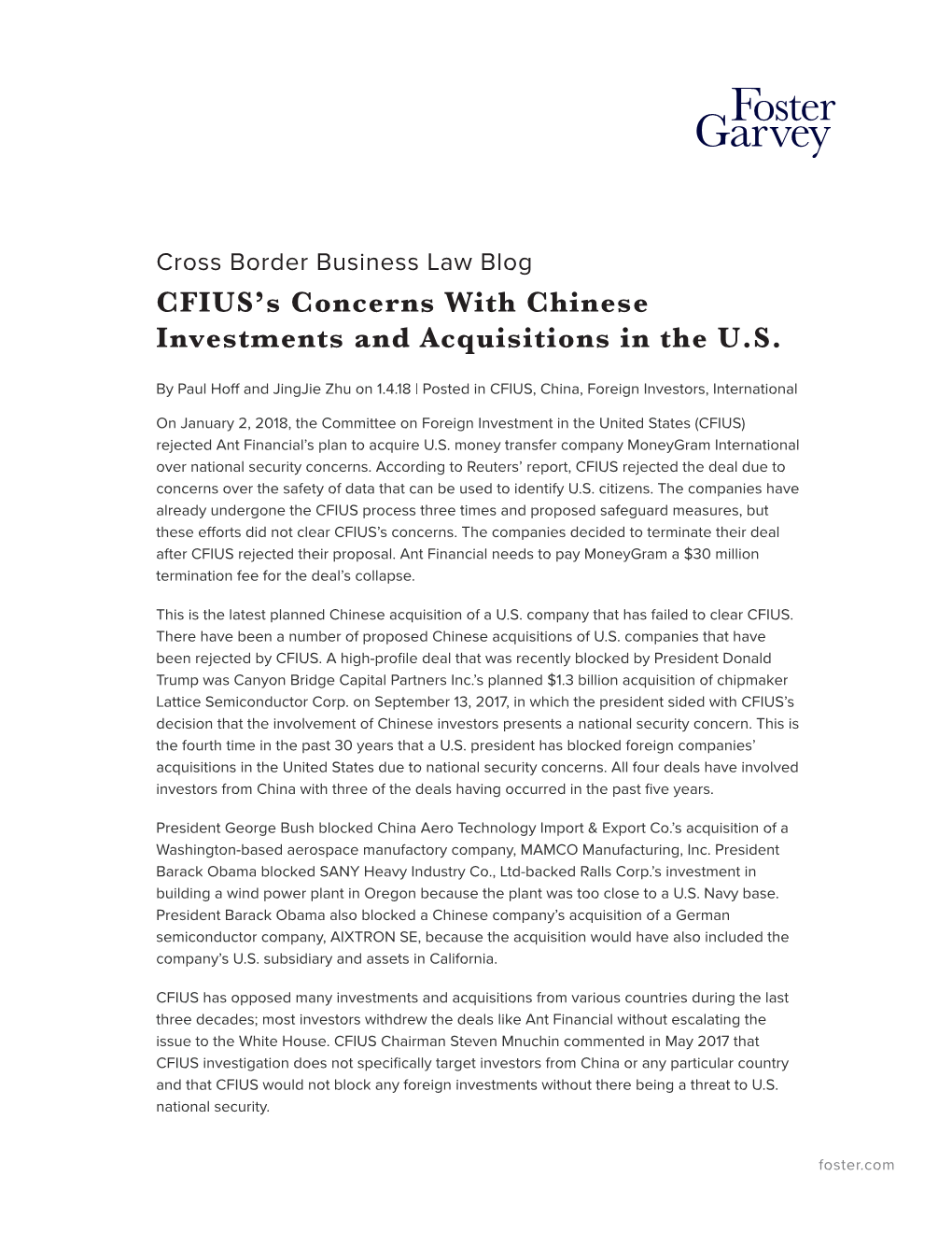 CFIUS's Concerns with Chinese Investments and Acquisitions in the U.S