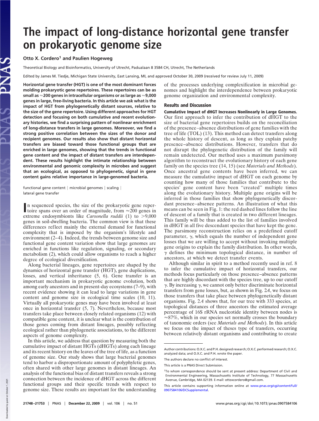 The Impact of Long-Distance Horizontal Gene Transfer on Prokaryotic Genome Size