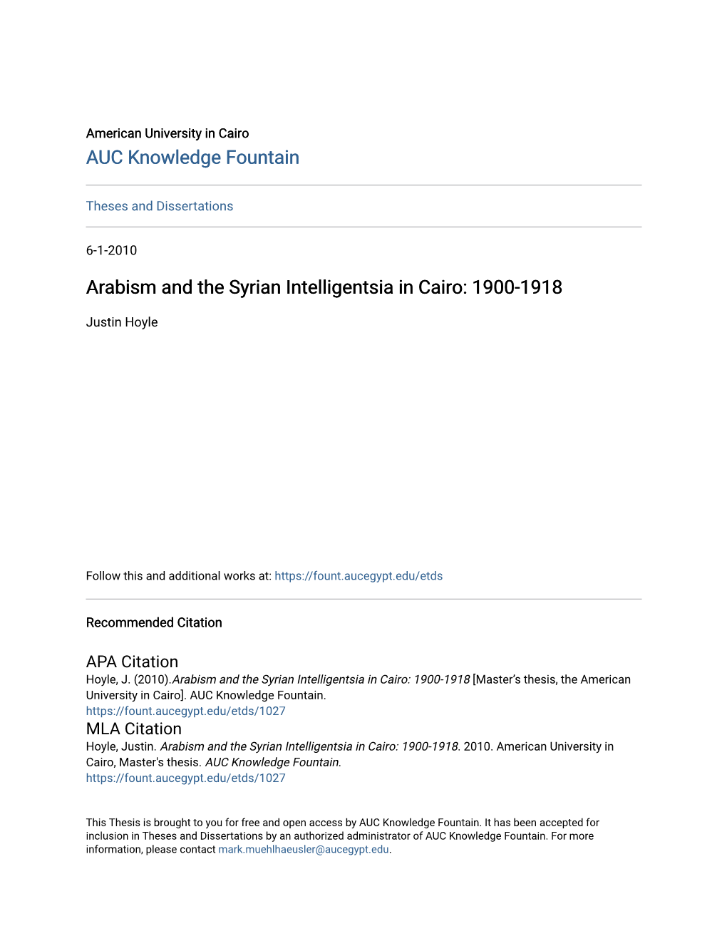 Arabism and the Syrian Intelligentsia in Cairo: 1900-1918