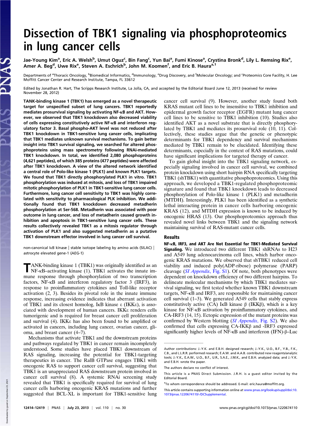 Dissection of TBK1 Signaling Via Phosphoproteomics in Lung Cancer Cells