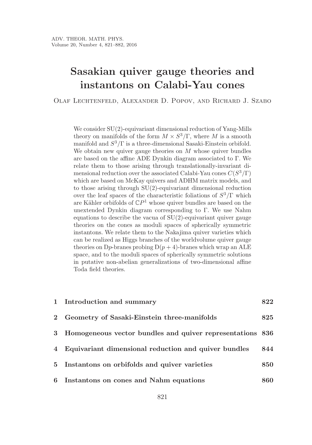 Sasakian Quiver Gauge Theories and Instantons on Calabi-Yau Cones Olaf Lechtenfeld, Alexander D