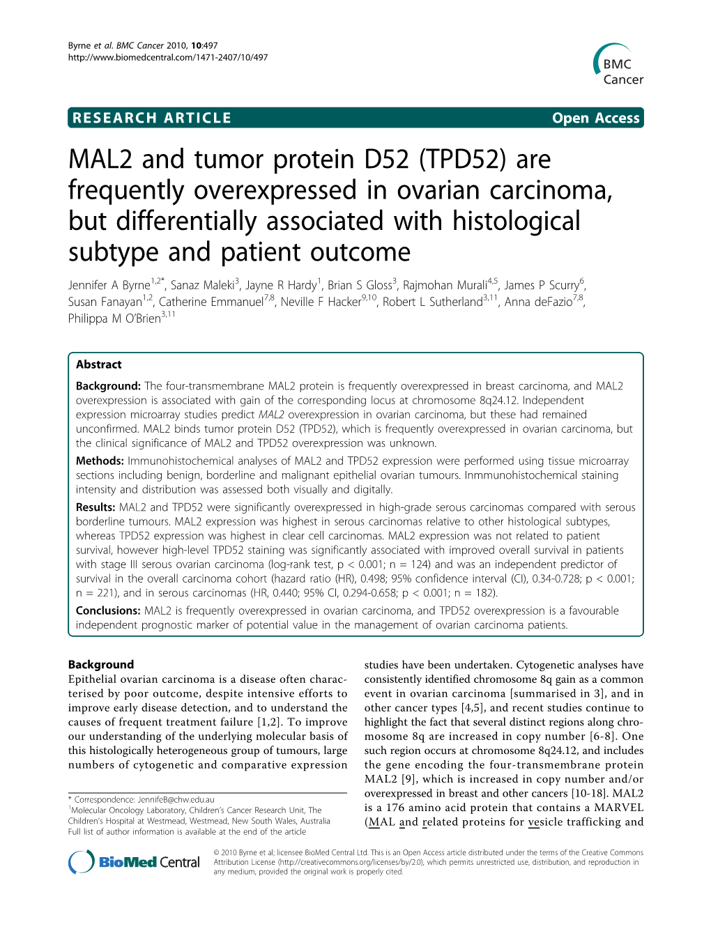 MAL2 and Tumor Protein D52 (TPD52) Are Frequently Overexpressed in Ovarian Carcinoma, but Differentially Associated with Histolo