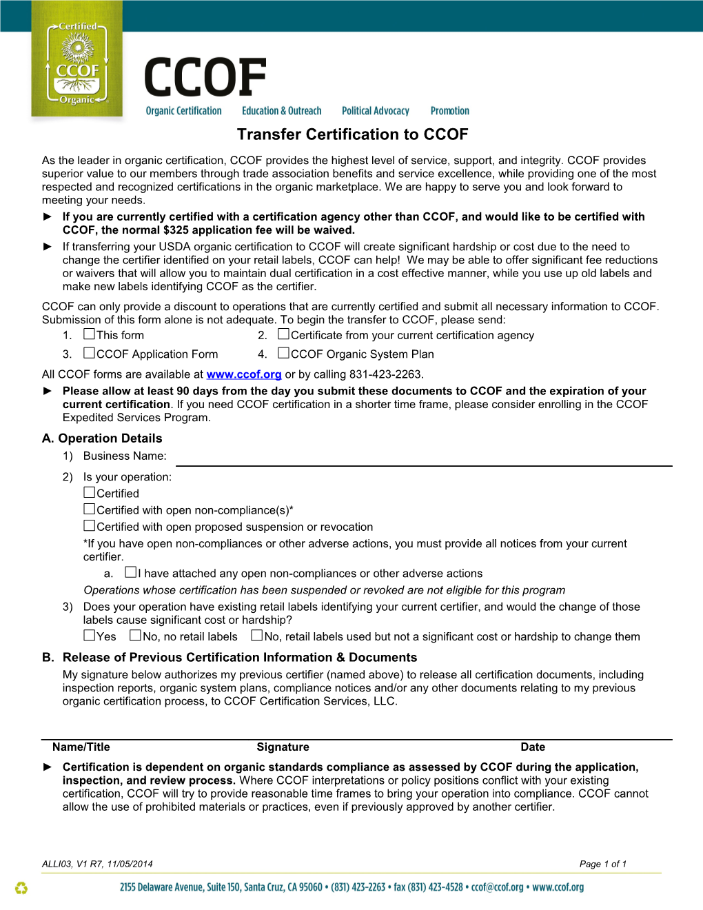 Transfer Certification to CCOF