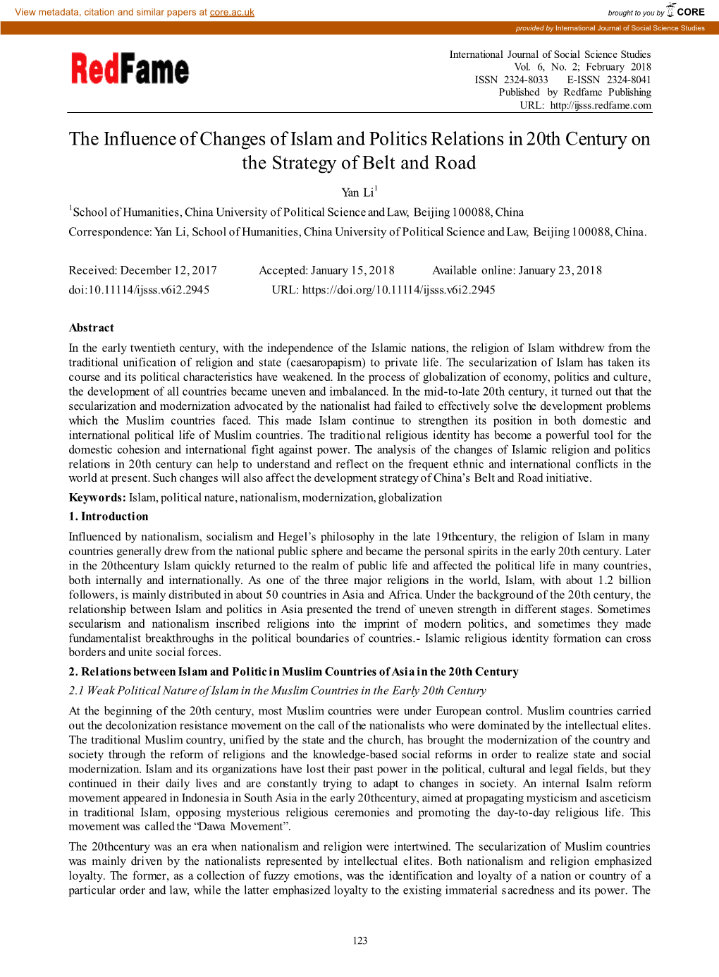 The Influence of Changes of Islam and Politics Relations in 20Th Century on the Strategy of Belt and Road