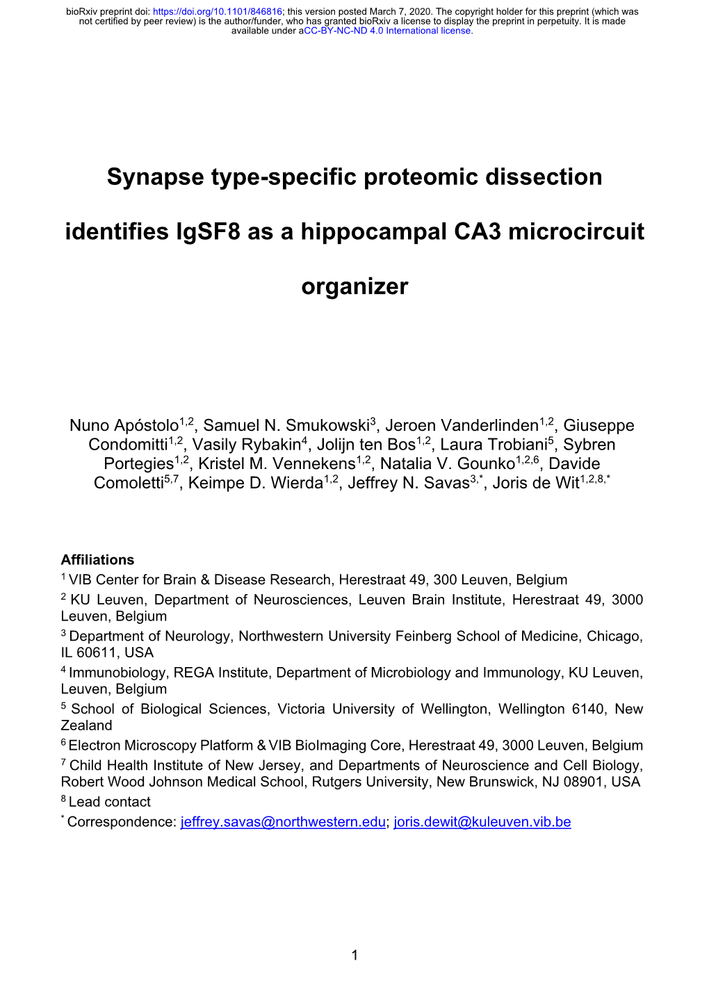 Synapse Type-Specific Proteomic Dissection Identifies Igsf8 As A