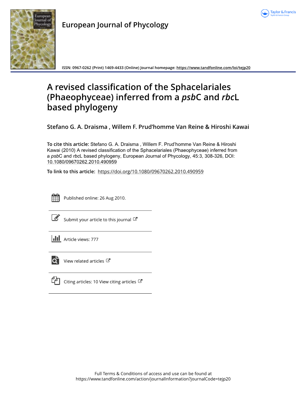 Phaeophyceae) Inferred from a Psbc and Rbcl Based Phylogeny