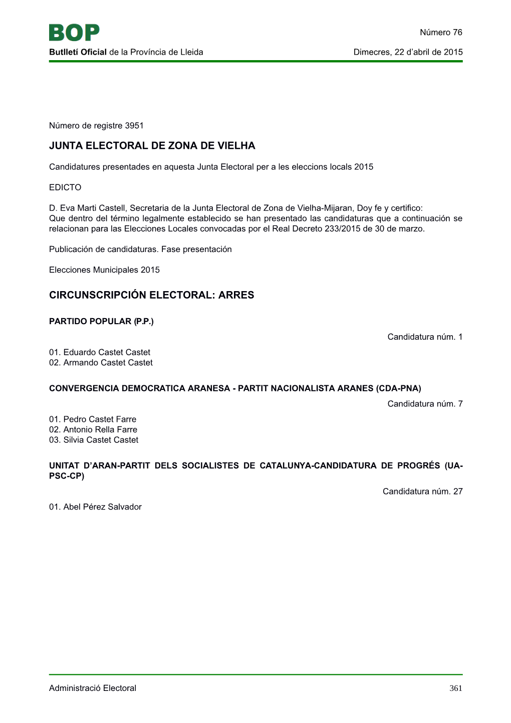 Junta Electoral De Zona De Vielha Circunscripción