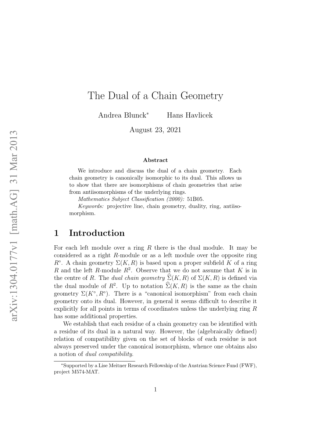 The Dual of a Chain Geometry Arxiv:1304.0177V1 [Math.AG] 31