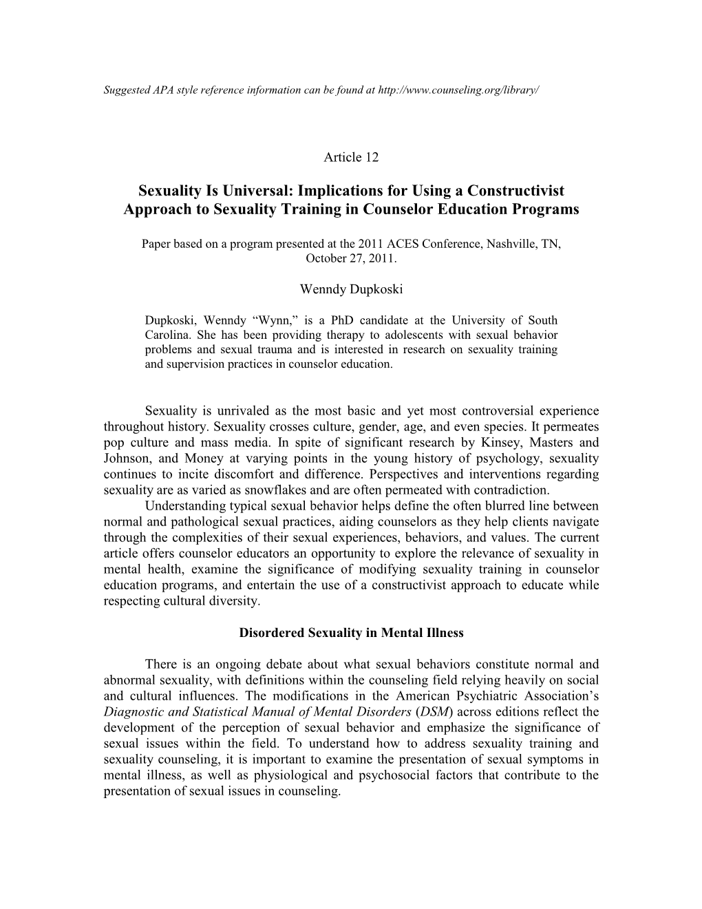 Sexuality Is Universal: Implications for Using a Constructivist Approach to Sexuality Training in Counselor Education Programs