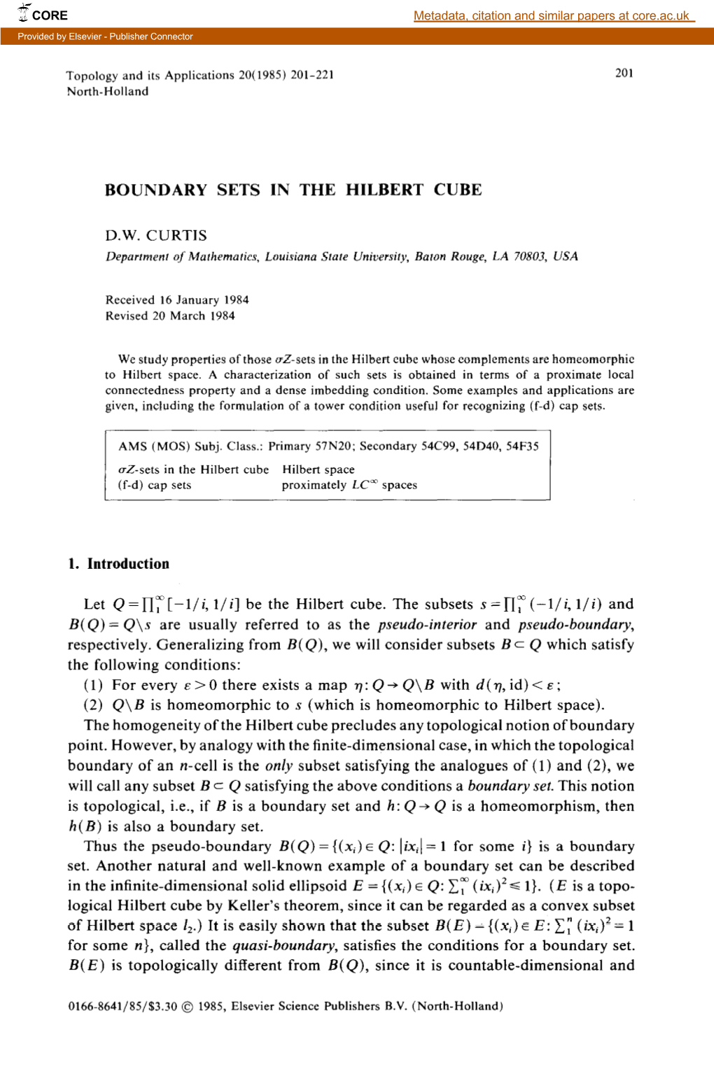 BOUNDARY SETS in the HILBERT CUBE 1. Introduction