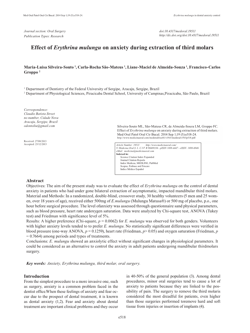 Effect of Erythrina Mulungu on Anxiety During Extraction of Third Molars