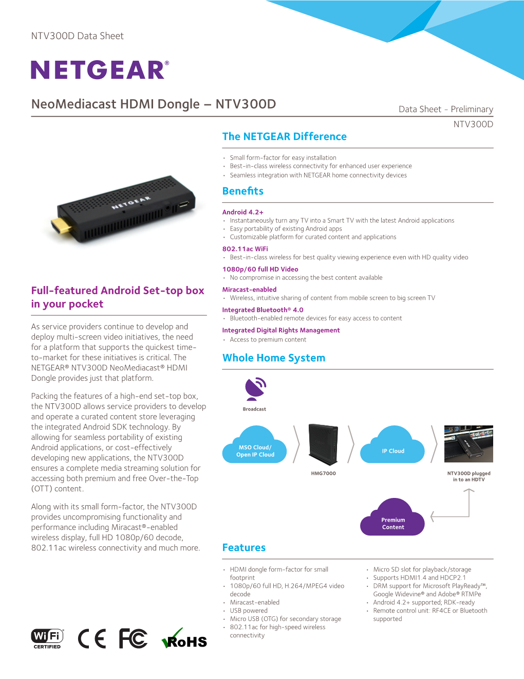 Neomediacast HDMI Dongle – NTV300D Data Sheet - Preliminary NTV300D the NETGEAR Difference