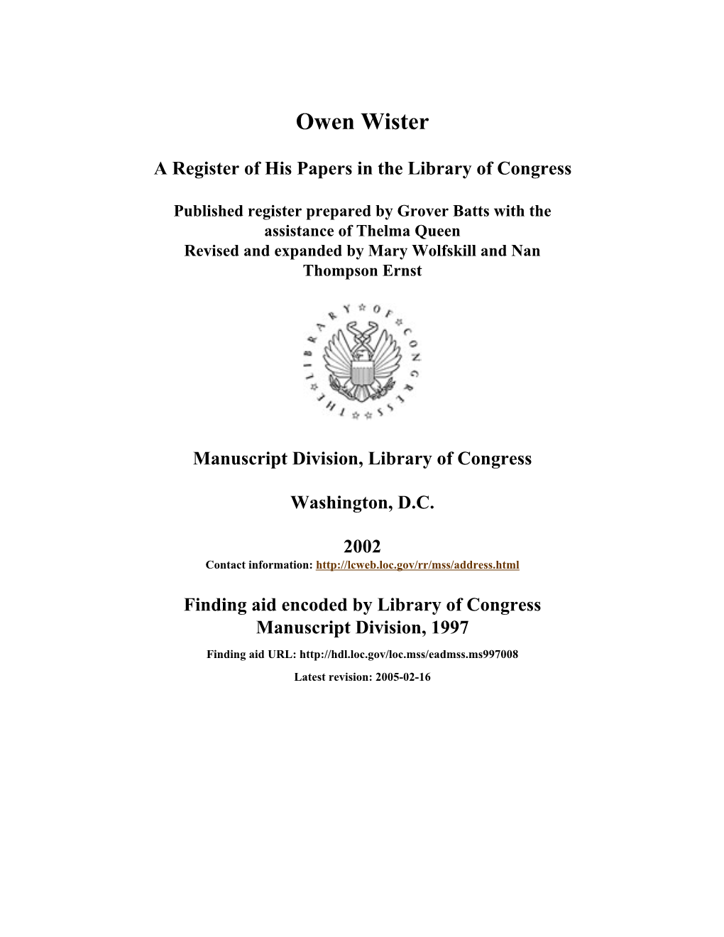 Papers of Owen Wister [Finding Aid]. Library of Congress