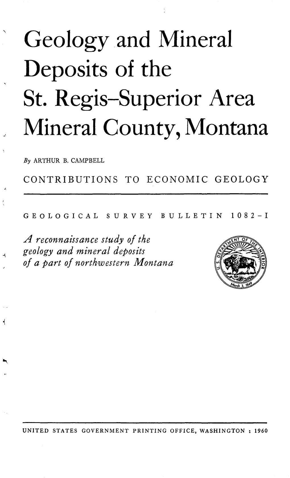 Geology and Mineral Deposits of the St. Regis-Superior Area Mineral County, Montana