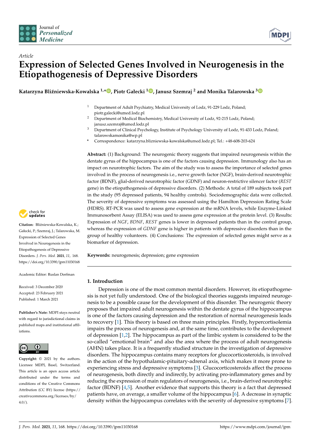 Expression of Selected Genes Involved in Neurogenesis in the Etiopathogenesis of Depressive Disorders