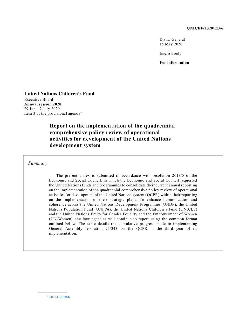 Report on the Implementation of the Quadrennial Comprehensive Policy Review of Operational Activities for Development of the United Nations Development System