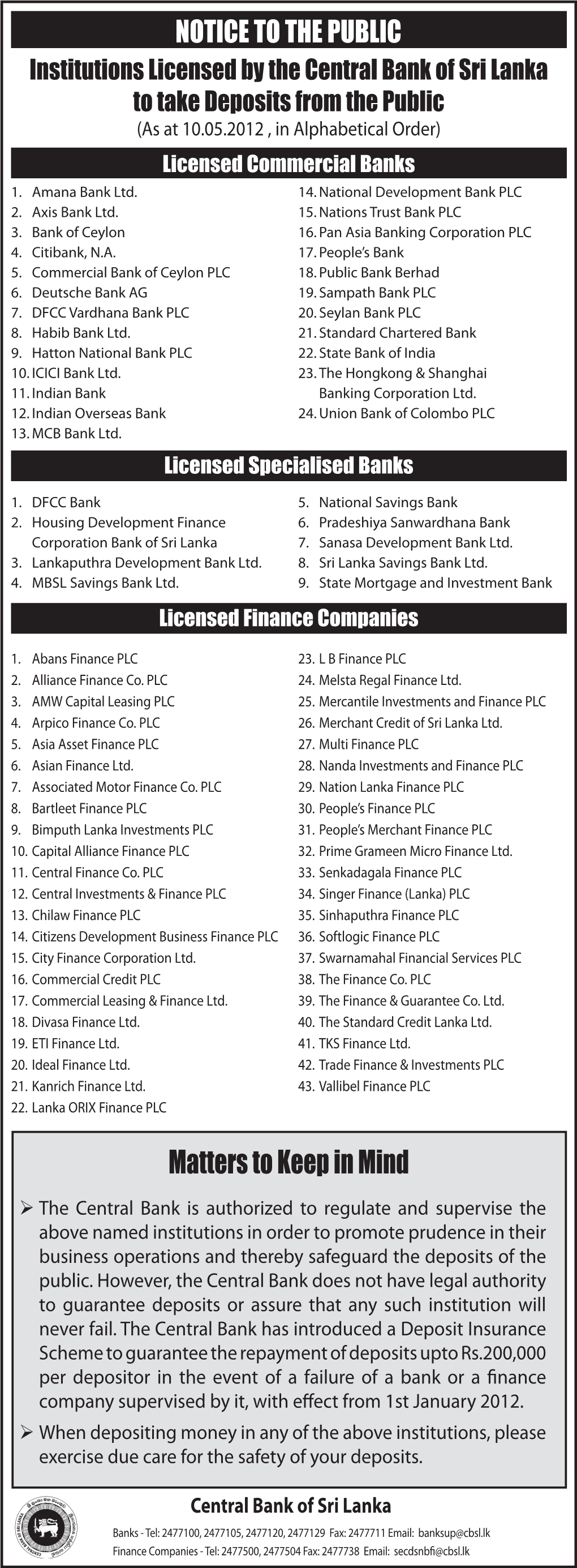 Institutions Licensed by the Central Bank of Sri Lanka to Take Deposits from the Public (As at 10.05.2012 , in Alphabetical Order) Licensed Commercial Banks 1