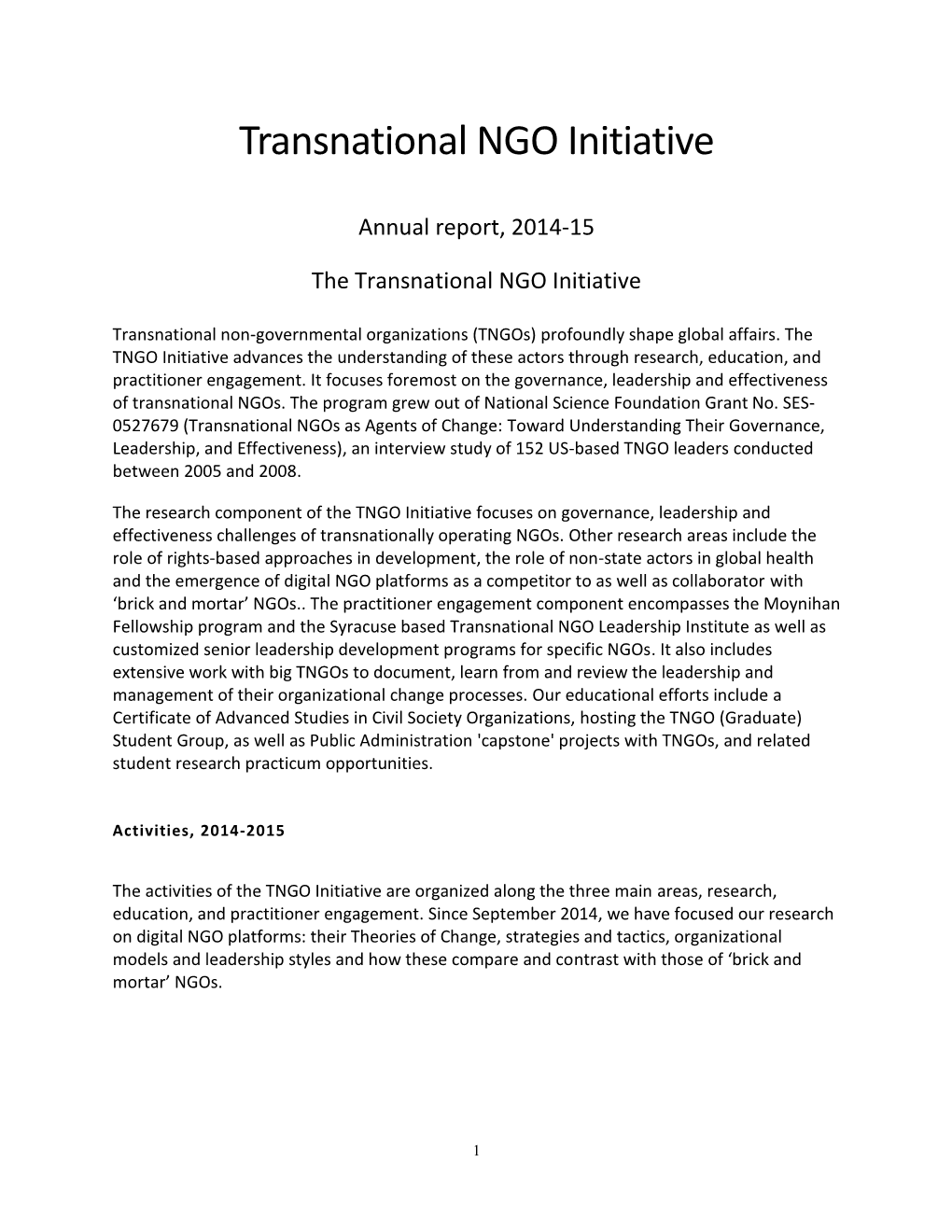 Transnational NGO Initiative Annual Report 2014-2015
